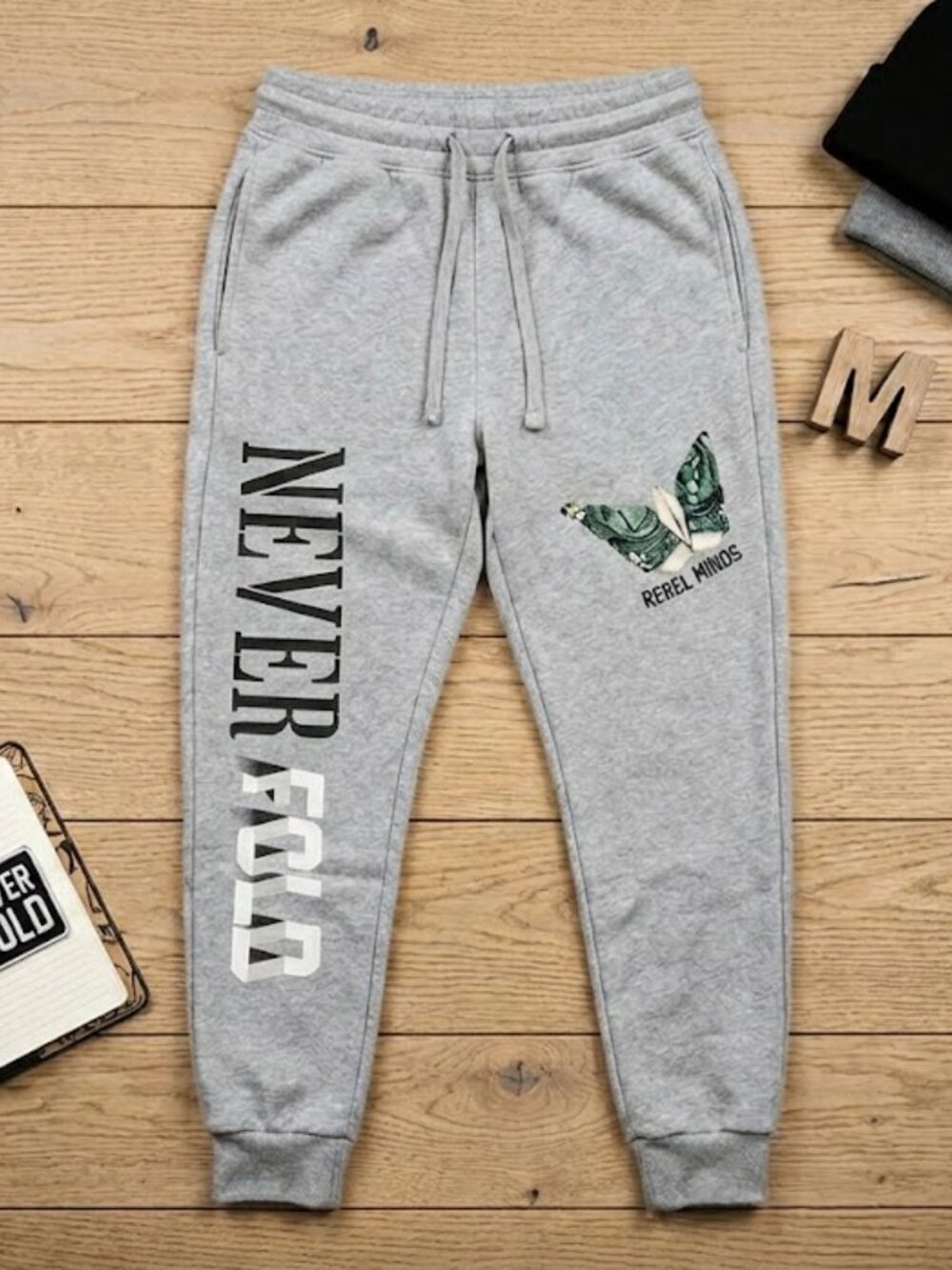 Rebel Minds Gray Butterfly Graphic Joggers Premium Streetwear Sweatpants M